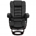 Contemporary Multi-Position Recliner with Horizontal Stitching and Ottoman with Swivel Mahogany Wood Base in Black LeatherSof