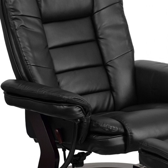 Contemporary Multi-Position Recliner with Horizontal Stitching and Ottoman with Swivel Mahogany Wood Base in Black LeatherSof