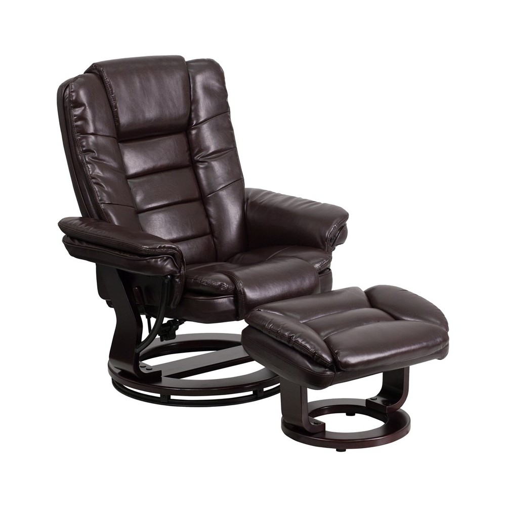 Contemporary Multi-Position Recliner with Horizontal Stitching and Ottoman with Swivel Mahogany Wood Base in Brown LeatherSof