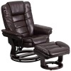 Contemporary Multi-Position Recliner with Horizontal Stitching and Ottoman with Swivel Mahogany Wood Base in Brown LeatherSoft