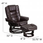 Contemporary Multi-Position Recliner with Horizontal Stitching and Ottoman with Swivel Mahogany Wood Base in Brown LeatherSof