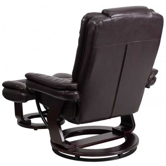 Contemporary Multi-Position Recliner with Horizontal Stitching and Ottoman with Swivel Mahogany Wood Base in Brown LeatherSof