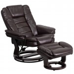 Contemporary Multi-Position Recliner with Horizontal Stitching and Ottoman with Swivel Mahogany Wood Base in Brown LeatherSof