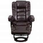Contemporary Multi-Position Recliner with Horizontal Stitching and Ottoman with Swivel Mahogany Wood Base in Brown LeatherSof