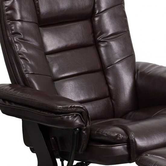 Contemporary Multi-Position Recliner with Horizontal Stitching and Ottoman with Swivel Mahogany Wood Base in Brown LeatherSof