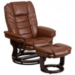 Multi-Position Recliner with Horizontal Stitching and Ottoman with Swivel Mahogany Wood Base in Brown Vintage Leather