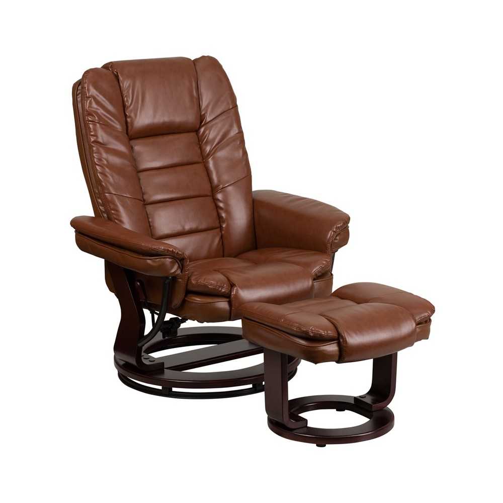 Multi-Position Recliner with Horizontal Stitching and Ottoman with Swivel Mahogany Wood Base in Brown Vintage Leather