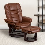 Multi-Position Recliner with Horizontal Stitching and Ottoman with Swivel Mahogany Wood Base in Brown Vintage Leather