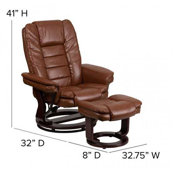 Multi-Position Recliner with Horizontal Stitching and Ottoman with Swivel Mahogany Wood Base in Brown Vintage Leather