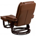 Multi-Position Recliner with Horizontal Stitching and Ottoman with Swivel Mahogany Wood Base in Brown Vintage Leather