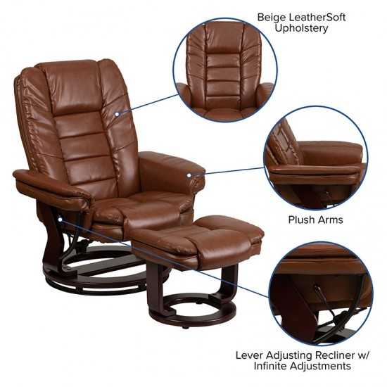 Multi-Position Recliner with Horizontal Stitching and Ottoman with Swivel Mahogany Wood Base in Brown Vintage Leather