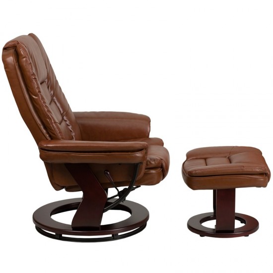 Multi-Position Recliner with Horizontal Stitching and Ottoman with Swivel Mahogany Wood Base in Brown Vintage Leather