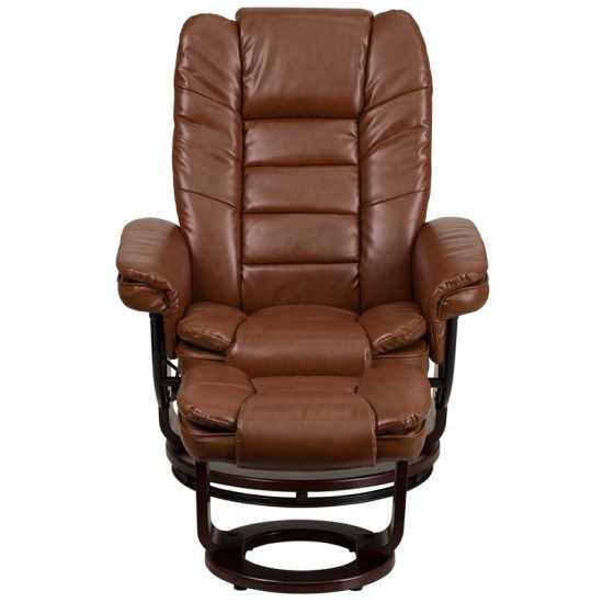 Multi-Position Recliner with Horizontal Stitching and Ottoman with Swivel Mahogany Wood Base in Brown Vintage Leather