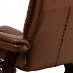 Multi-Position Recliner with Horizontal Stitching and Ottoman with Swivel Mahogany Wood Base in Brown Vintage Leather