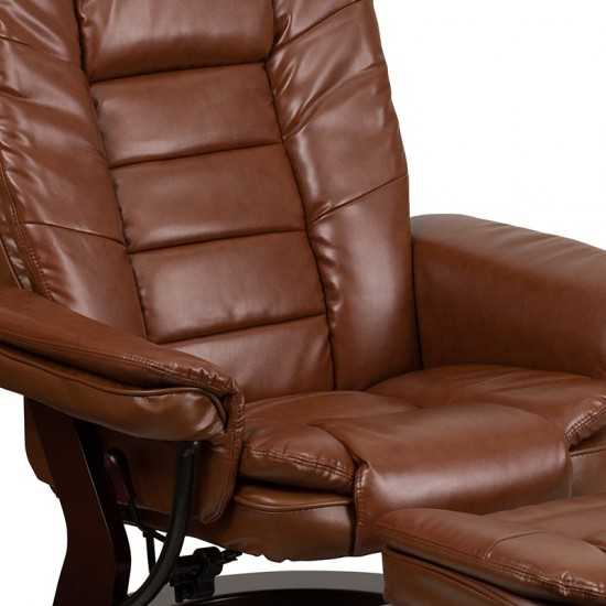 Multi-Position Recliner with Horizontal Stitching and Ottoman with Swivel Mahogany Wood Base in Brown Vintage Leather