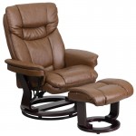 Contemporary Multi-Position Recliner and Curved Ottoman with Swivel Mahogany Wood Base in Palimino LeatherSoft