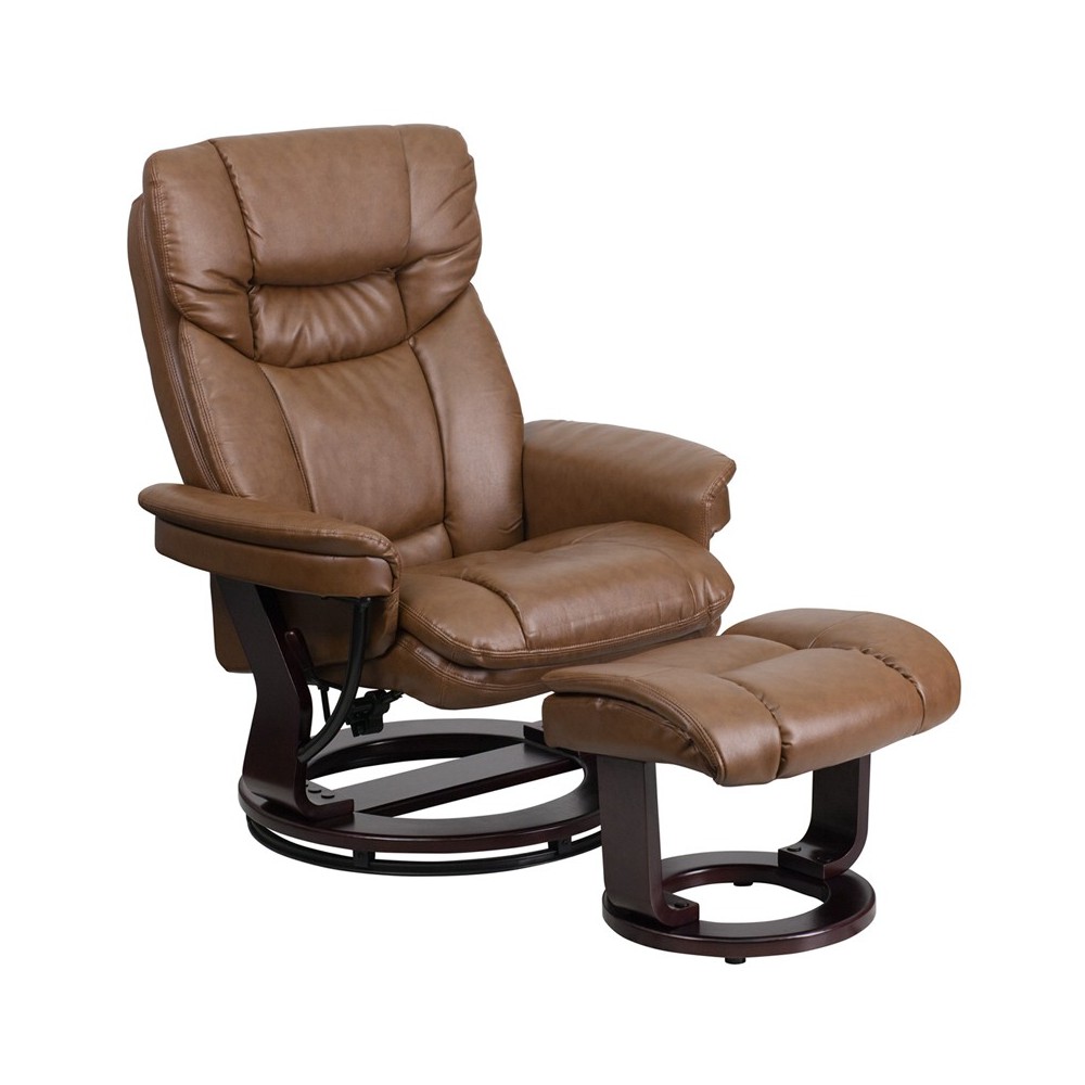 Contemporary Multi-Position Recliner and Curved Ottoman with Swivel Mahogany Wood Base in Palimino LeatherSoft