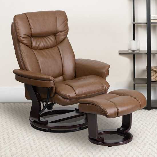 Contemporary Multi-Position Recliner and Curved Ottoman with Swivel Mahogany Wood Base in Palimino LeatherSoft