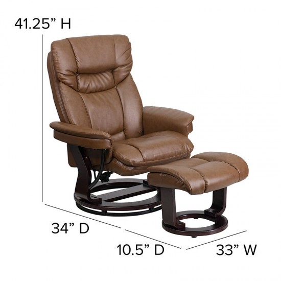 Contemporary Multi-Position Recliner and Curved Ottoman with Swivel Mahogany Wood Base in Palimino LeatherSoft