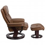 Contemporary Multi-Position Recliner and Curved Ottoman with Swivel Mahogany Wood Base in Palimino LeatherSoft