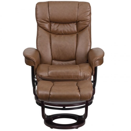 Contemporary Multi-Position Recliner and Curved Ottoman with Swivel Mahogany Wood Base in Palimino LeatherSoft