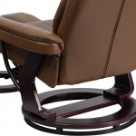 Contemporary Multi-Position Recliner and Curved Ottoman with Swivel Mahogany Wood Base in Palimino LeatherSoft