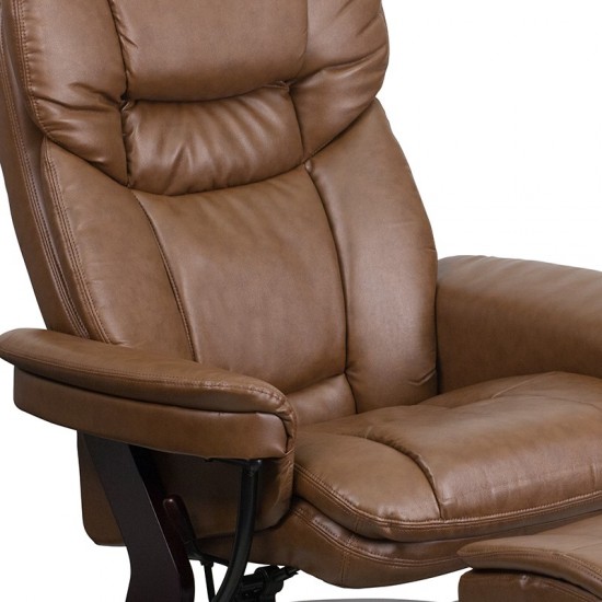 Contemporary Multi-Position Recliner and Curved Ottoman with Swivel Mahogany Wood Base in Palimino LeatherSoft