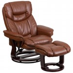 Contemporary Multi-Position Recliner and Curved Ottoman with Swivel Mahogany Wood Base in Brown Vintage LeatherSoft