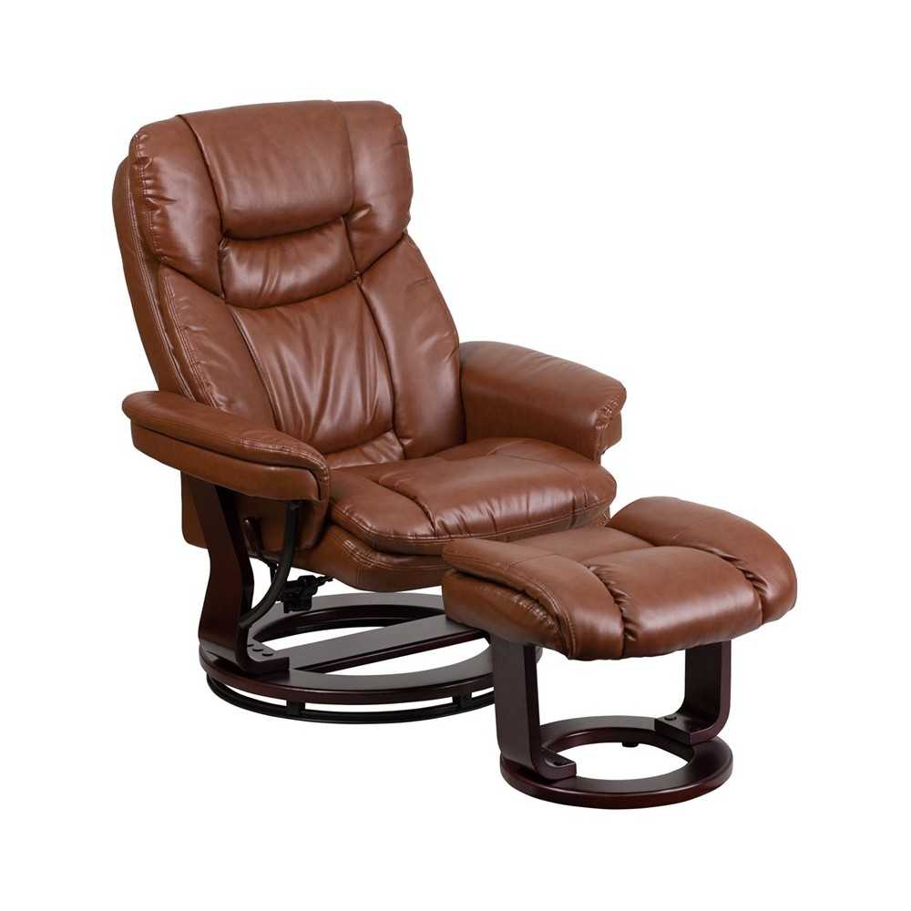 Contemporary Multi-Position Recliner and Curved Ottoman with Swivel Mahogany Wood Base in Brown Vintage LeatherSoft