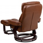 Contemporary Multi-Position Recliner and Curved Ottoman with Swivel Mahogany Wood Base in Brown Vintage LeatherSoft