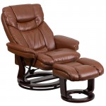 Contemporary Multi-Position Recliner and Curved Ottoman with Swivel Mahogany Wood Base in Brown Vintage LeatherSoft