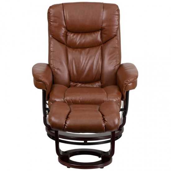 Contemporary Multi-Position Recliner and Curved Ottoman with Swivel Mahogany Wood Base in Brown Vintage LeatherSoft