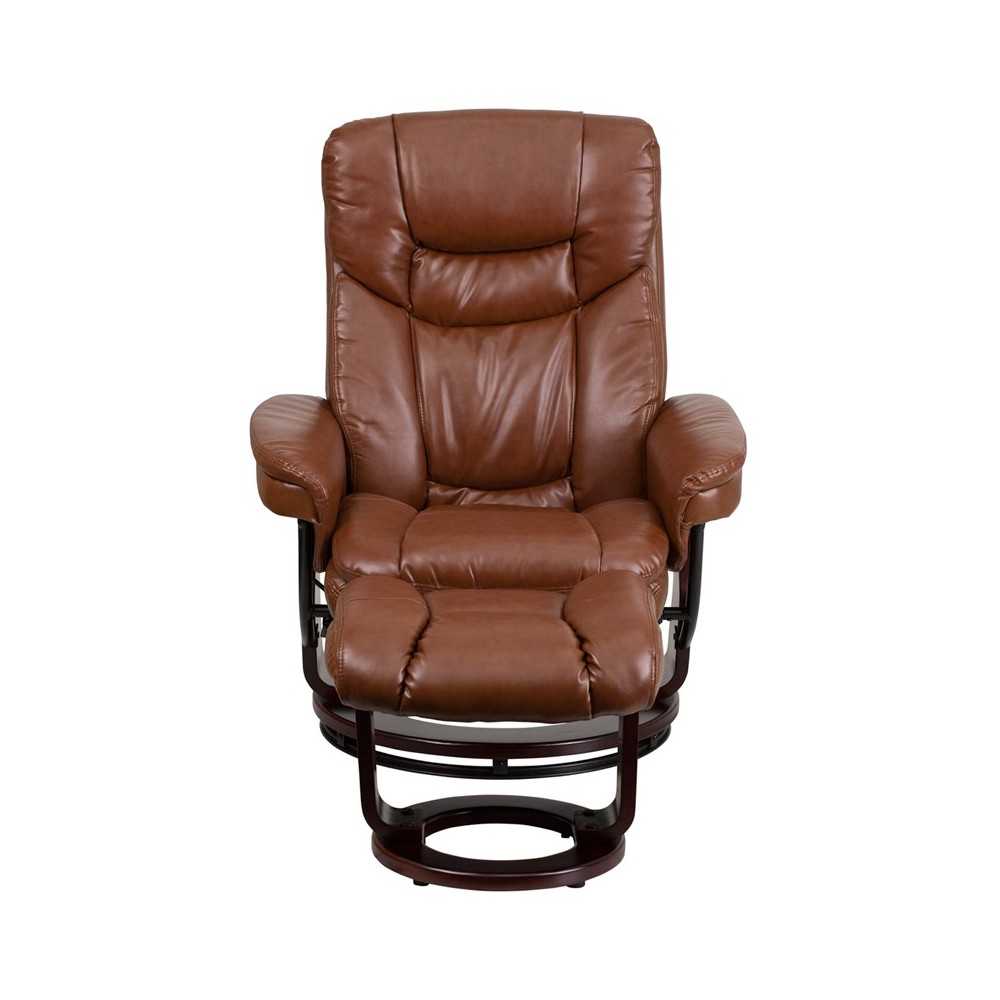 Contemporary Multi Position Recliner And Curved Ottoman With Swivel Mahogany Wood Base In Brown 9353