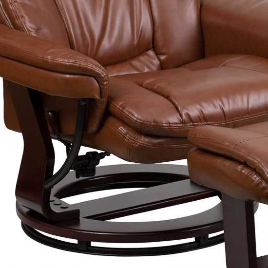 Contemporary Multi-Position Recliner and Curved Ottoman with Swivel Mahogany Wood Base in Brown Vintage LeatherSoft