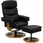 Contemporary Multi-Position Recliner and Ottoman with Wood Base in Black LeatherSoft