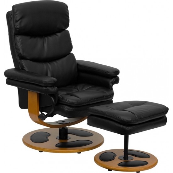 Contemporary Multi-Position Recliner and Ottoman with Wood Base in Black LeatherSoft