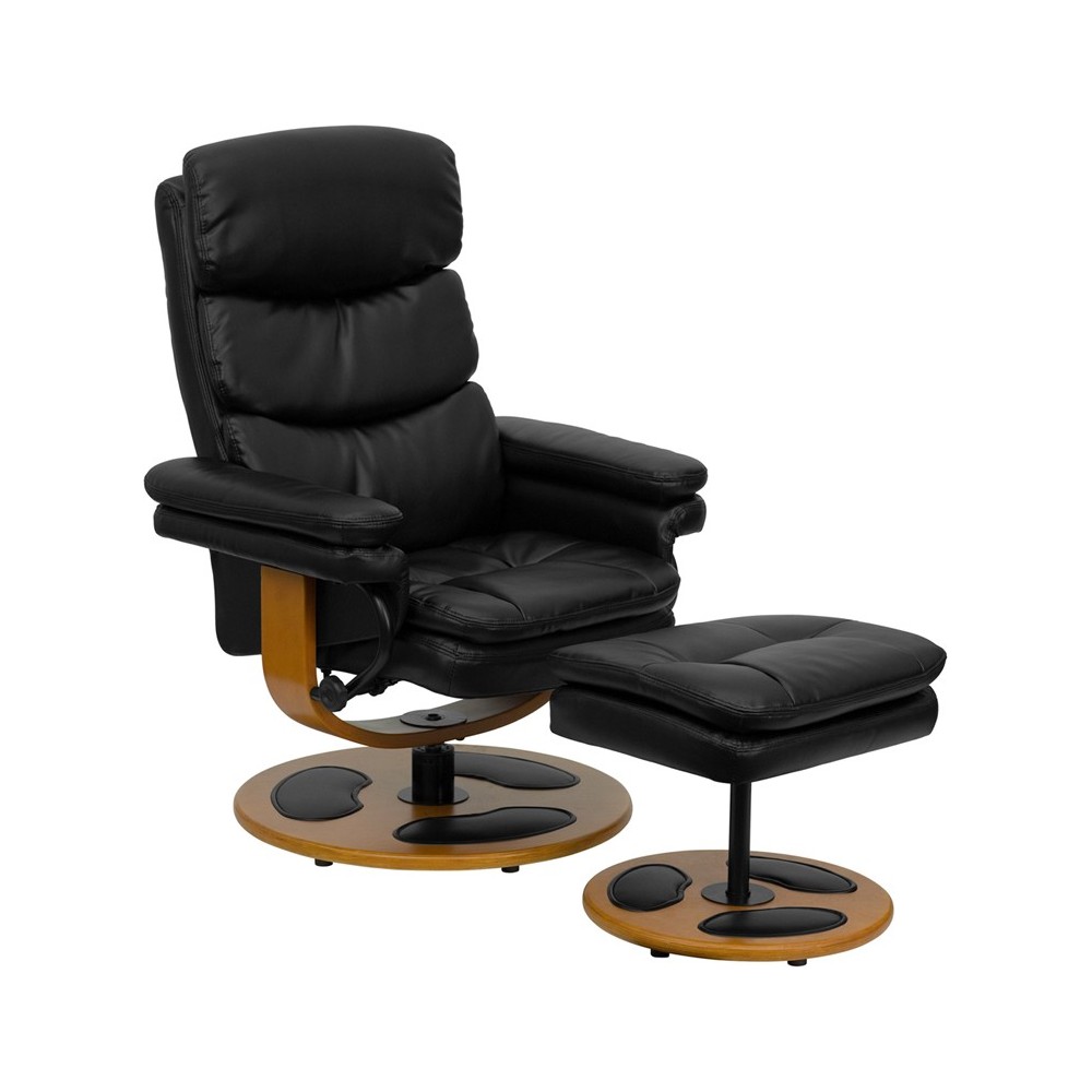 Contemporary Multi-Position Recliner and Ottoman with Wood Base in Black LeatherSoft