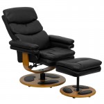 Contemporary Multi-Position Recliner and Ottoman with Wood Base in Black LeatherSoft