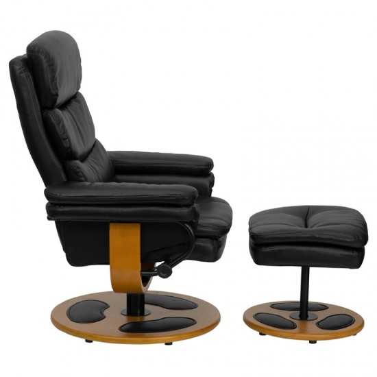 Contemporary Multi-Position Recliner and Ottoman with Wood Base in Black LeatherSoft