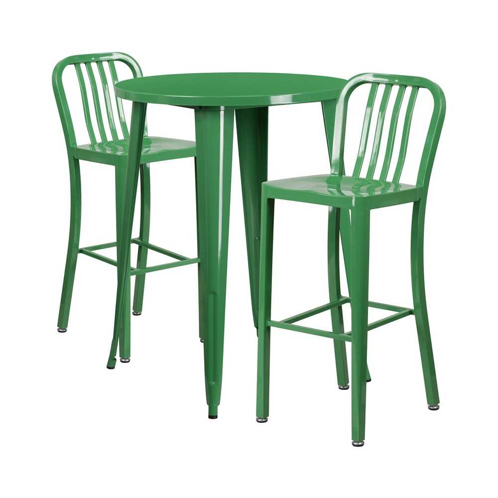 Commercial Grade 30" Round Green Metal Indoor-Outdoor Bar Table Set with 2 Vertical Slat Back Stools Commercial Grade 30" Round Green Metal Indoor-Outdoor Bar Table Set with 2 Vertical Slat Back Stools