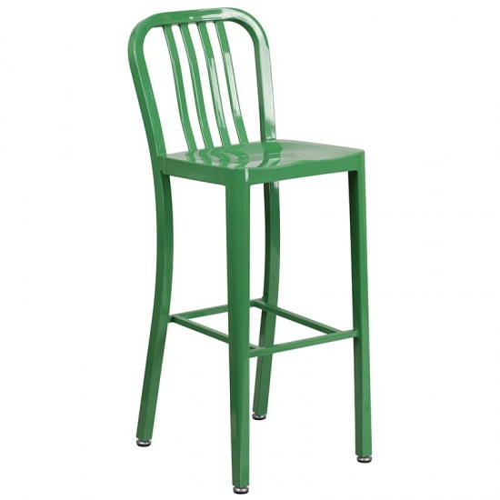 Commercial Grade 30" Round Green Metal Indoor-Outdoor Bar Table Set with 2 Vertical Slat Back Stools