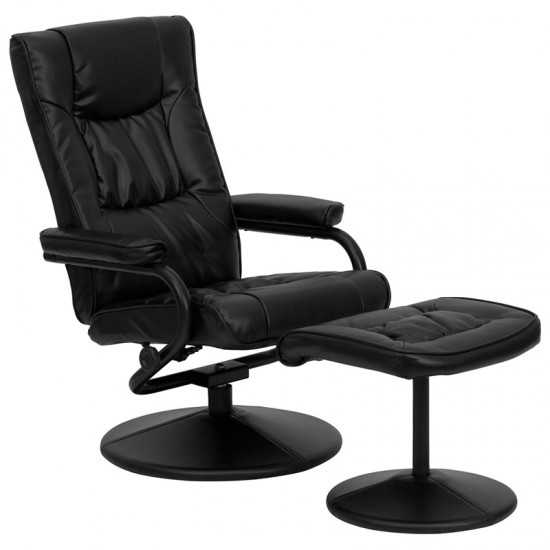 Contemporary Multi-Position Recliner and Ottoman with Wrapped Base in Black LeatherSoft