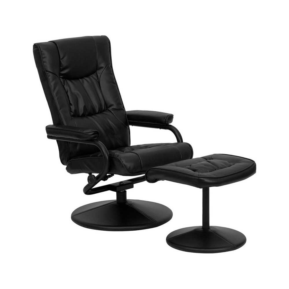 Contemporary Multi-Position Recliner and Ottoman with Wrapped Base in Black LeatherSoft