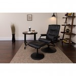 Contemporary Multi-Position Recliner and Ottoman with Wrapped Base in Black LeatherSoft