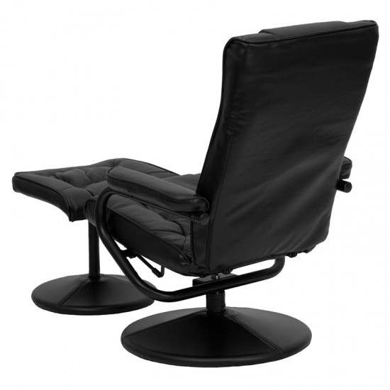 Contemporary Multi-Position Recliner and Ottoman with Wrapped Base in Black LeatherSoft