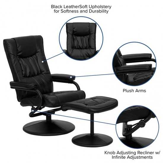 Contemporary Multi-Position Recliner and Ottoman with Wrapped Base in Black LeatherSoft