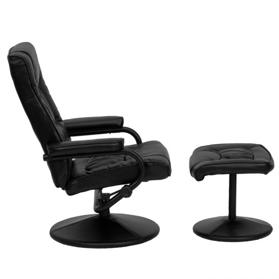 Contemporary Multi-Position Recliner and Ottoman with Wrapped Base in Black LeatherSoft