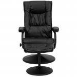 Contemporary Multi-Position Recliner and Ottoman with Wrapped Base in Black LeatherSoft