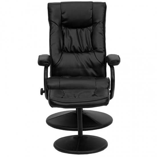 Contemporary Multi-Position Recliner and Ottoman with Wrapped Base in Black LeatherSoft