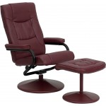 Contemporary Multi-Position Recliner and Ottoman with Wrapped Base in Burgundy LeatherSoft